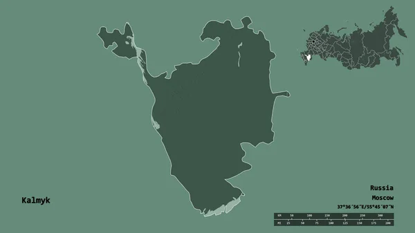 ロシア共和国のカルムイクの形で その首都はしっかりとした背景に隔離されています 距離スケール リージョンプレビュー およびラベル 色の標高マップ 3Dレンダリング — ストック写真