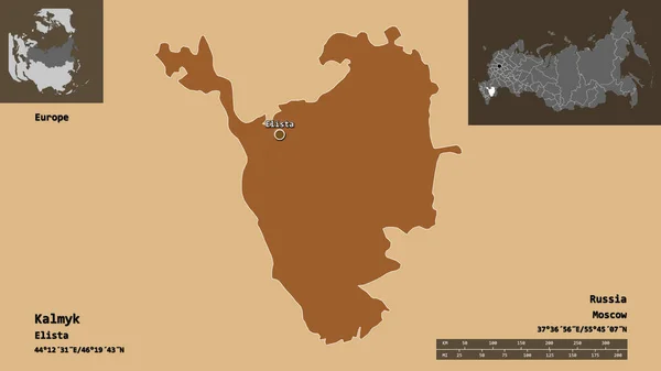 カルムイクの形 ロシア共和国とその首都 距離スケール プレビューおよびラベル 規則的にパターン化されたテクスチャの構成 3Dレンダリング — ストック写真