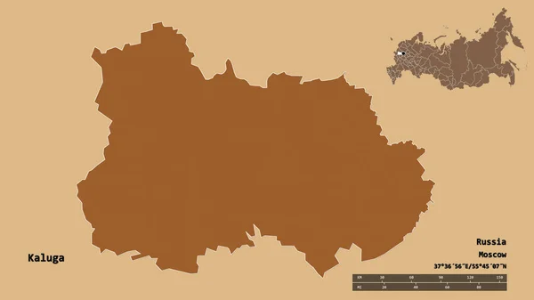 俄罗斯卡卢加地区的形状 其首都在坚实的背景下与世隔绝 距离尺度 区域预览和标签 有规律的纹理的组成 3D渲染 — 图库照片