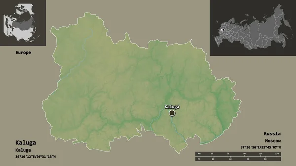 Kształt Kaługi Regionu Rosji Jej Stolicy Skala Odległości Zapowiedzi Etykiety — Zdjęcie stockowe