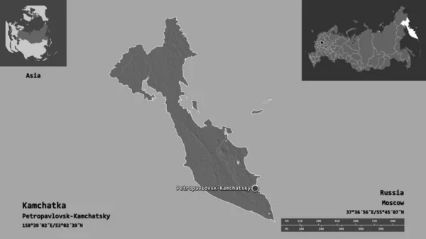 Formen Kamtjatka Rysslands Territorium Och Dess Huvudstad Avståndsskala Förhandsvisningar Och — Stockfoto