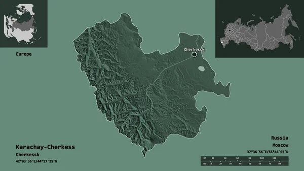 ロシア共和国のカラチャイ チェルケスとその首都の形 距離スケール プレビューおよびラベル 色の標高マップ 3Dレンダリング — ストック写真