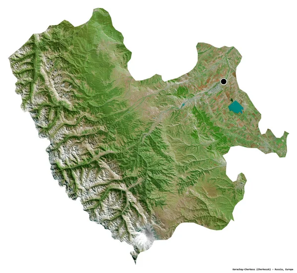 卡拉奇 切尔凯斯 Karachay Cherkess 的形状 俄罗斯共和国 其首都被白色背景隔离 卫星图像 3D渲染 — 图库照片
