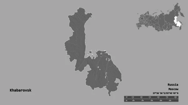 哈巴罗夫斯克的形状 俄罗斯的领土 其首都孤立的坚实的背景 距离尺度 区域预览和标签 Bilevel高程图 3D渲染 — 图库照片