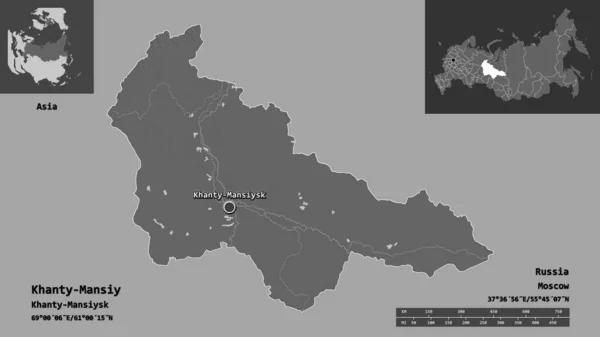 ロシアの自治州ハンティ マンシーとその首都の形 距離スケール プレビューおよびラベル 標高マップ 3Dレンダリング — ストック写真