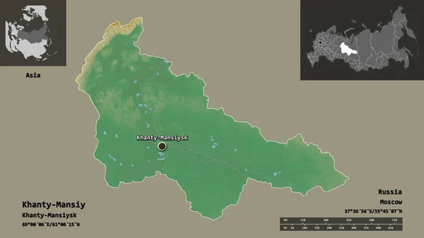 ロシアの自治州ハンティ マンシーとその首都の形 距離スケール プレビューおよびラベル 地形図 3Dレンダリング — ストック写真