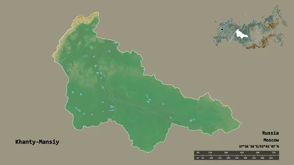 俄罗斯Khanty Mansiy自治省的形状 其首都在坚实的背景下与世隔绝 距离尺度 区域预览和标签 地形浮雕图 3D渲染 — 图库照片