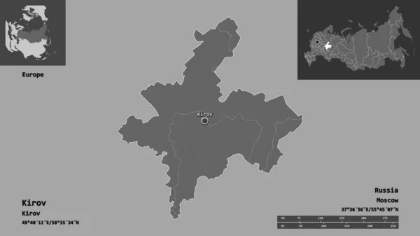 キロフの形状 ロシアの地域 およびその首都 距離スケール プレビューおよびラベル 標高マップ 3Dレンダリング — ストック写真