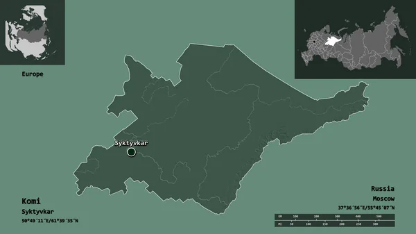 コミの形 ロシア共和国とその首都 距離スケール プレビューおよびラベル 色の標高マップ 3Dレンダリング — ストック写真