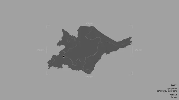ロシアのコミ共和国の地域は 洗練された境界の箱の中の強固な背景に隔離されました ラベル 標高マップ 3Dレンダリング — ストック写真