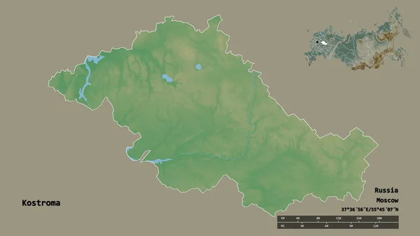 ロシアの地域であるコストロマの形で その首都はしっかりとした背景に隔離されています 距離スケール リージョンプレビュー およびラベル 地形図 3Dレンダリング — ストック写真