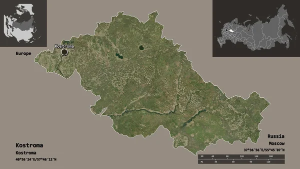 コストロマの形状 ロシアの地域 およびその首都 距離スケール プレビューおよびラベル 衛星画像 3Dレンダリング — ストック写真