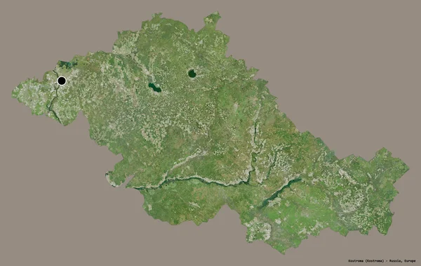 科斯特罗马的形状 俄罗斯的一个地区 它的首都孤立在一个坚实的色彩背景 卫星图像 3D渲染 — 图库照片