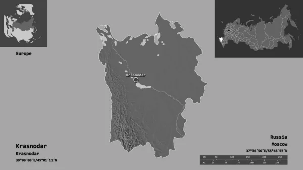 克拉斯诺达尔的形状 俄罗斯的领土和首都 距离刻度 预览和标签 Bilevel高程图 3D渲染 — 图库照片