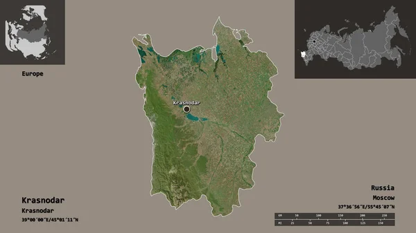 クラスノダールの形 ロシアの領土 そしてその首都 距離スケール プレビューおよびラベル 衛星画像 3Dレンダリング — ストック写真
