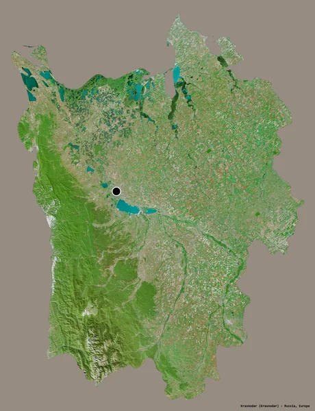 克拉斯诺达尔的形状 俄罗斯的领土 其首都孤立在一个坚实的色彩背景 卫星图像 3D渲染 — 图库照片