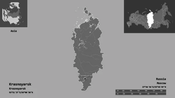 Shape Krasnoyarsk Territory Russia Its Capital Distance Scale Previews Labels — Stock Photo, Image