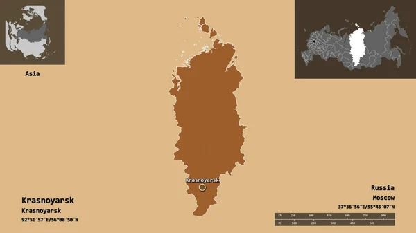 Kształt Krasnojarska Terytorium Rosji Jej Stolicy Skala Odległości Zapowiedzi Etykiety — Zdjęcie stockowe