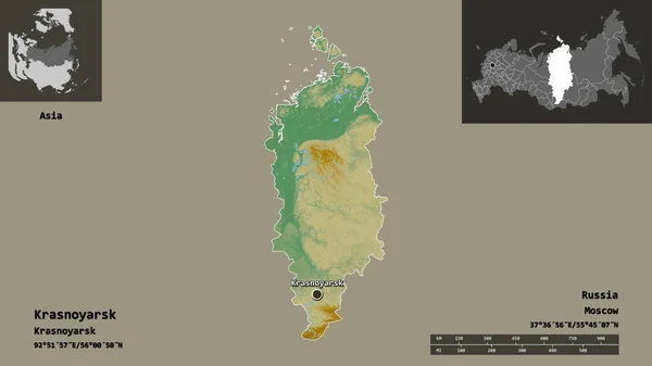 Forma Krasnoyarsk Territorio Della Russia Sua Capitale Scala Distanza Anteprime — Foto Stock