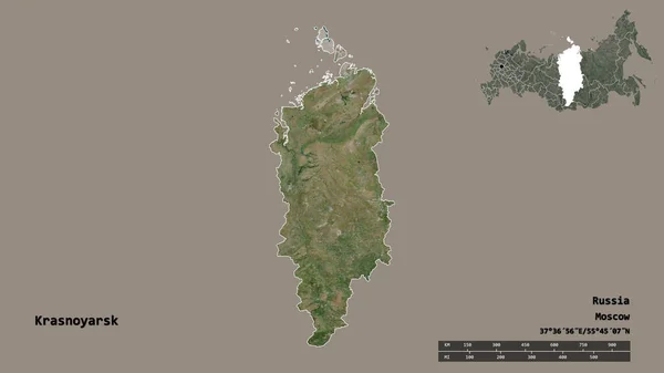 ロシアの領土 クラスノヤルスクの形状は その首都はしっかりとした背景に隔離されています 距離スケール リージョンプレビュー およびラベル 衛星画像 3Dレンダリング — ストック写真