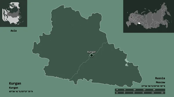クルガンの形 ロシアの地域 およびその首都 距離スケール プレビューおよびラベル 色の標高マップ 3Dレンダリング — ストック写真
