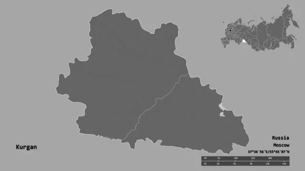 俄罗斯库尔干地区的形状 其首都在坚实的背景下与世隔绝 距离尺度 区域预览和标签 Bilevel高程图 3D渲染 — 图库照片
