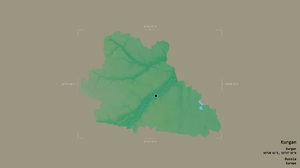 ロシアの地域であるクルガンの地域は 洗練された境界の箱の中の強固な背景に隔離されています ラベル 地形図 3Dレンダリング — ストック写真