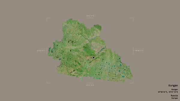 ロシアの地域であるクルガンの地域は 洗練された境界の箱の中の強固な背景に隔離されています ラベル 衛星画像 3Dレンダリング — ストック写真