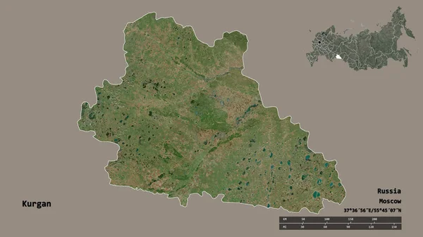 ロシアの地域であるクルガンの形は その資本がしっかりとした背景に隔離されています 距離スケール リージョンプレビュー およびラベル 衛星画像 3Dレンダリング — ストック写真