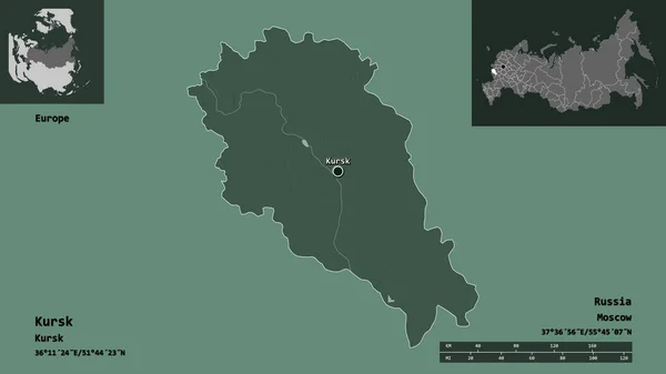 クルスクの形状 ロシアの地域 およびその首都 距離スケール プレビューおよびラベル 色の標高マップ 3Dレンダリング — ストック写真