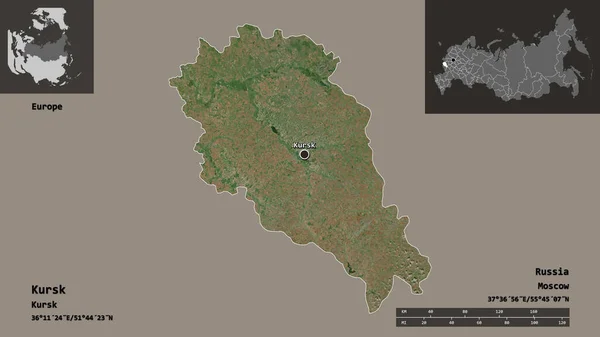 库尔斯克的形状 俄罗斯的区域 及其首都 距离刻度 预览和标签 卫星图像 3D渲染 — 图库照片