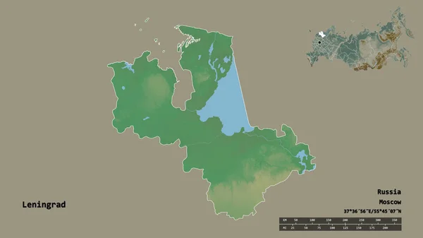 列宁格勒的形状 俄罗斯的区域 其首都孤立的坚实的背景 距离尺度 区域预览和标签 地形浮雕图 3D渲染 — 图库照片