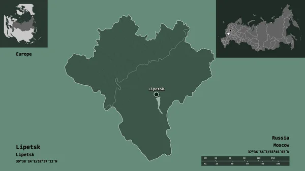 リペツクの形状 ロシアの地域 およびその首都 距離スケール プレビューおよびラベル 色の標高マップ 3Dレンダリング — ストック写真