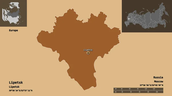 リペツクの形状 ロシアの地域 およびその首都 距離スケール プレビューおよびラベル 規則的にパターン化されたテクスチャの構成 3Dレンダリング — ストック写真