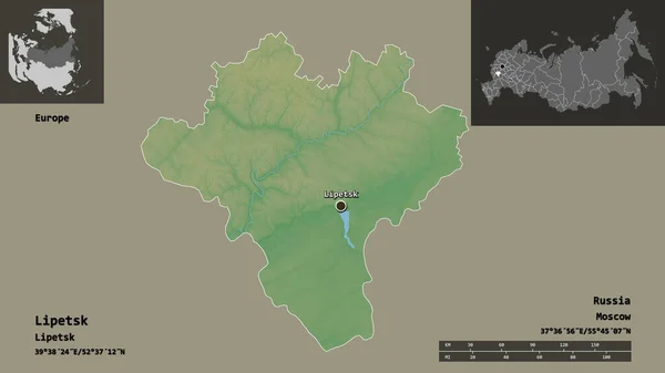 リペツクの形状 ロシアの地域 およびその首都 距離スケール プレビューおよびラベル 地形図 3Dレンダリング — ストック写真