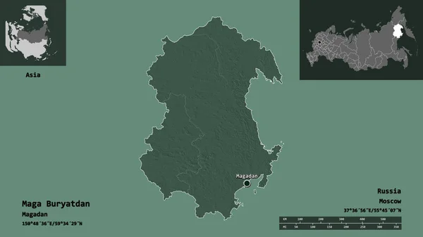 ブリヤッダンの形 ロシアの地域 およびその首都 距離スケール プレビューおよびラベル 色の標高マップ 3Dレンダリング — ストック写真