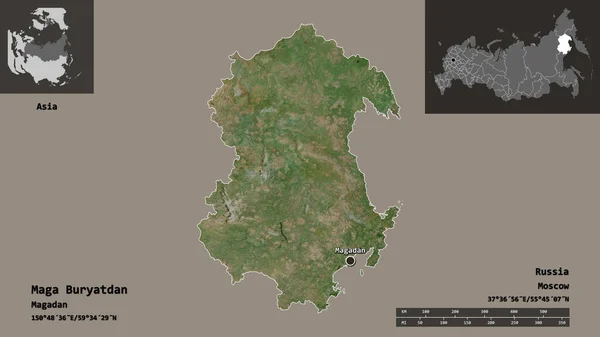 ブリヤッダンの形 ロシアの地域 およびその首都 距離スケール プレビューおよびラベル 衛星画像 3Dレンダリング — ストック写真