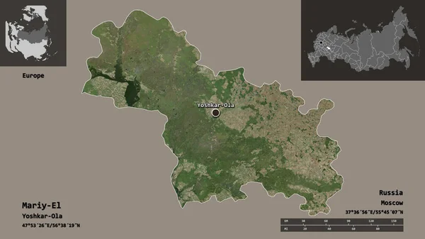 埃尔的形状 俄罗斯的共和国及其首都 距离刻度 预览和标签 卫星图像 3D渲染 — 图库照片