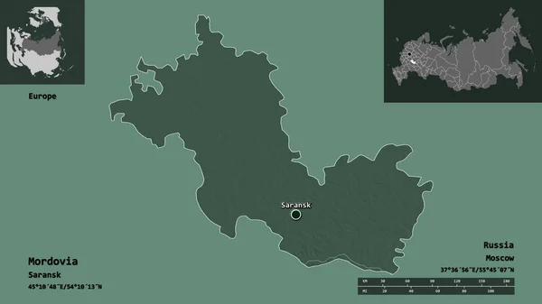 モルドヴィア共和国 ロシア共和国 首都の形 距離スケール プレビューおよびラベル 色の標高マップ 3Dレンダリング — ストック写真