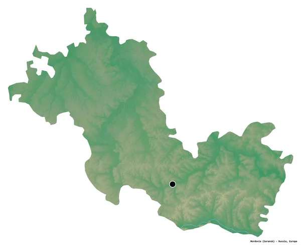 ロシア共和国のモルドヴィアの形で 首都は白い背景に孤立している 地形図 3Dレンダリング — ストック写真