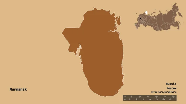ロシアの領域であるムルマンスクの形は その資本がしっかりとした背景に隔離されています 距離スケール リージョンプレビュー およびラベル 規則的にパターン化されたテクスチャの構成 3Dレンダリング — ストック写真