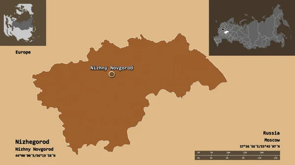 尼日戈罗德的形状 俄罗斯的区域 及其首都 距离刻度 预览和标签 有规律的纹理的组成 3D渲染 — 图库照片
