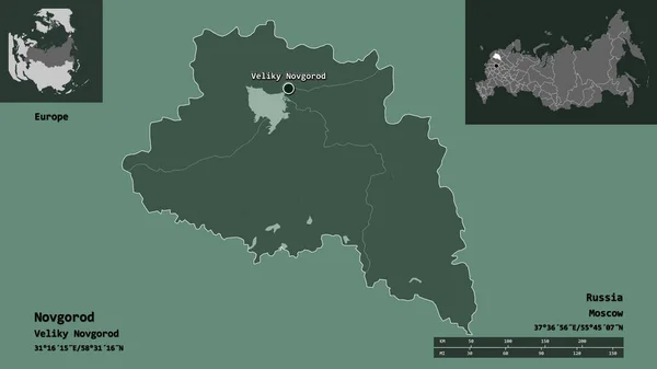 Forme Novgorod Région Russie Capitale Échelle Distance Aperçus Étiquettes Carte — Photo