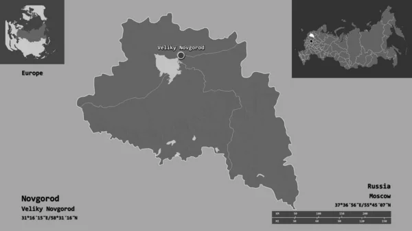 俄罗斯诺夫哥罗德的形状及其首都 距离刻度 预览和标签 Bilevel高程图 3D渲染 — 图库照片