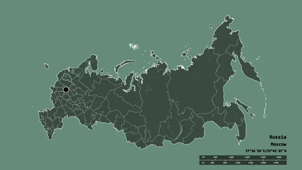 俄罗斯以首都 主要地区区划和分隔的诺夫哥罗德地区为首都的专制形态 彩色高程图 3D渲染 — 图库照片