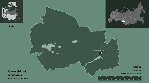 俄罗斯Novosibirsk地区的形状及其首都 距离刻度 预览和标签 彩色高程图 3D渲染 — 图库照片