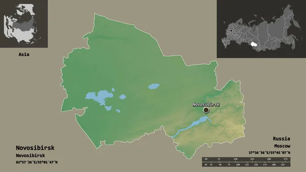 ノヴォシビルスクの形 ロシアの地域 その首都 距離スケール プレビューおよびラベル 地形図 3Dレンダリング — ストック写真