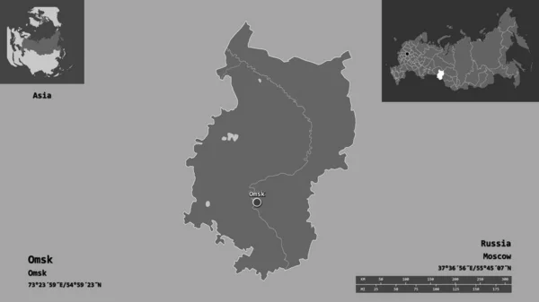 Formen Omsk Regionen Ryssland Och Dess Huvudstad Avståndsskala Förhandsvisningar Och — Stockfoto