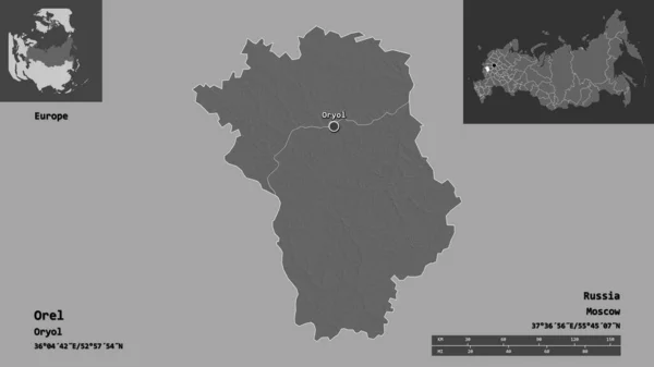 Form Orel Regionen Ryssland Och Dess Huvudstad Avståndsskala Förhandsvisningar Och — Stockfoto