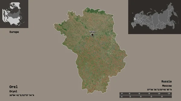 オレルの形 ロシアの地域 およびその首都 距離スケール プレビューおよびラベル 衛星画像 3Dレンダリング — ストック写真